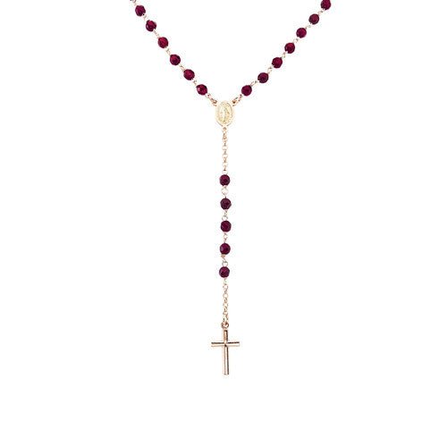 Sterling Silver Rosary classic necklace ruby agate grains- rose - Guadalupe Gifts