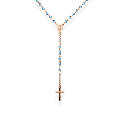 Sterling silver Rosary classic necklace sky-blue iridescent crystal- rose - Guadalupe Gifts
