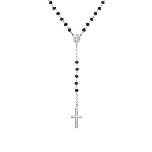 Sterling silver Rosary classic necklace with black cubic zirconia, rhodium - Guadalupe Gifts