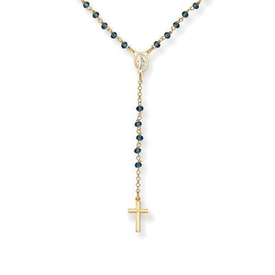 Sterling silver Rosary classic necklace with Blue crystals, golden - Guadalupe Gifts