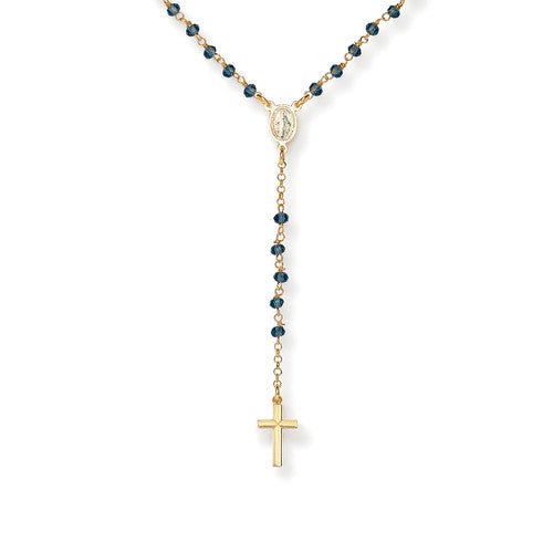 Sterling silver Rosary classic necklace with Blue crystals, golden - Guadalupe Gifts