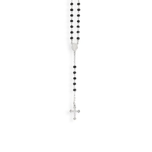 Sterling silver Rosary classic necklace with Cross pav and black cubic zirconia, rhodium - Guadalupe Gifts