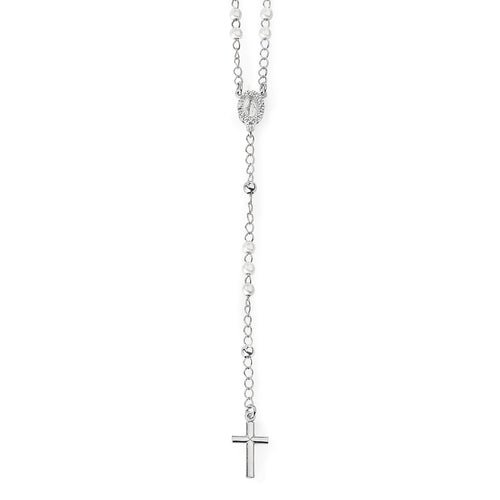 Sterling silver Rosary Classic Necklace with pearls and Miracolosa pav, rhodium - Guadalupe Gifts