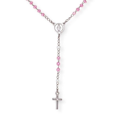 Sterling silver Rosary junior necklace with pink cubic zirconia - Guadalupe Gifts