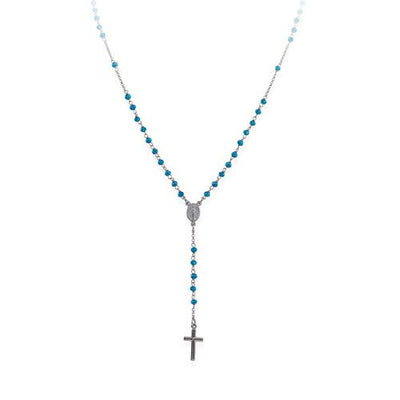 Sterling silver Rosary necklace and pastel blue crystals - Ruthenium - Guadalupe Gifts