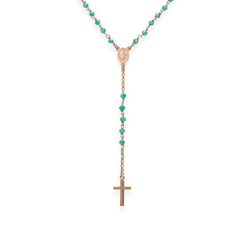 Sterling Silver Rosary necklace with sea green iridescent crystals- - Guadalupe Gifts