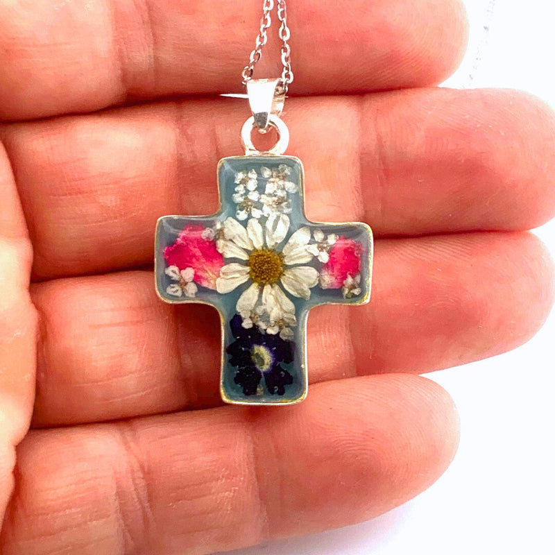 Thick Cross Necklace w/ Pressed Flowers - Guadalupe Gifts