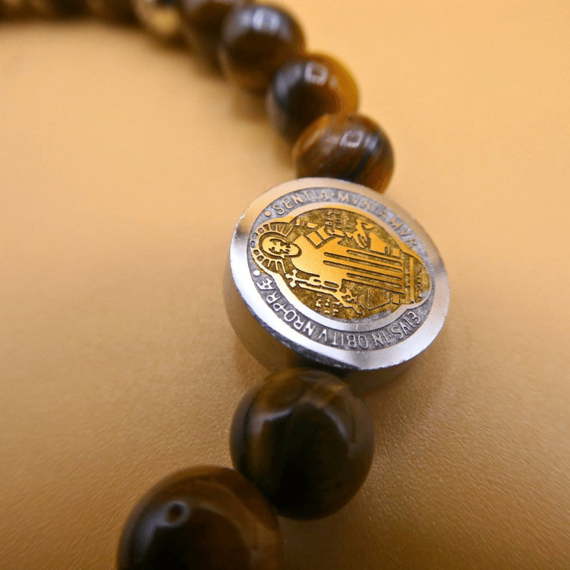 Tiger Eye Bead Bracelet with Saint Benedict Charm - Guadalupe Gifts