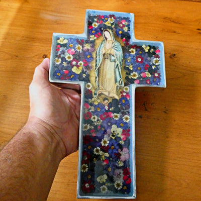 Virgen de Guadalupe Grand Wall Cross w/ Pressed Flowers 11" - Guadalupe Gifts