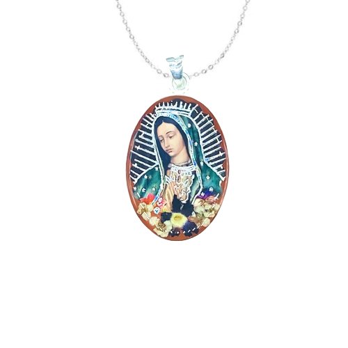 Virgen de Guadalupe Large Oval Portrait Pendant w/ Pressed Flowers - Guadalupe Gifts