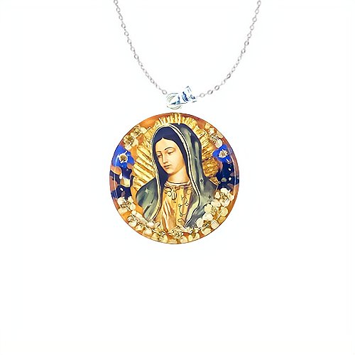 Virgen de Guadalupe Portrait Large Round Pendant w/ Pressed Flowers - Guadalupe Gifts