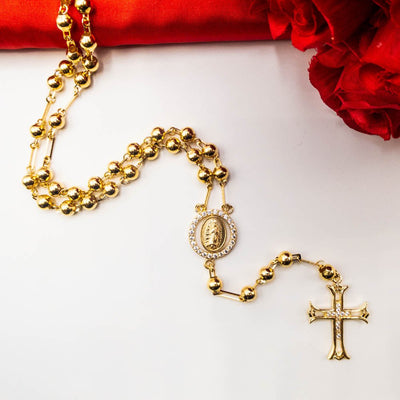 Virgen de Guadalupe Rosary Necklace with Large Gold Medal - Guadalupe Gifts
