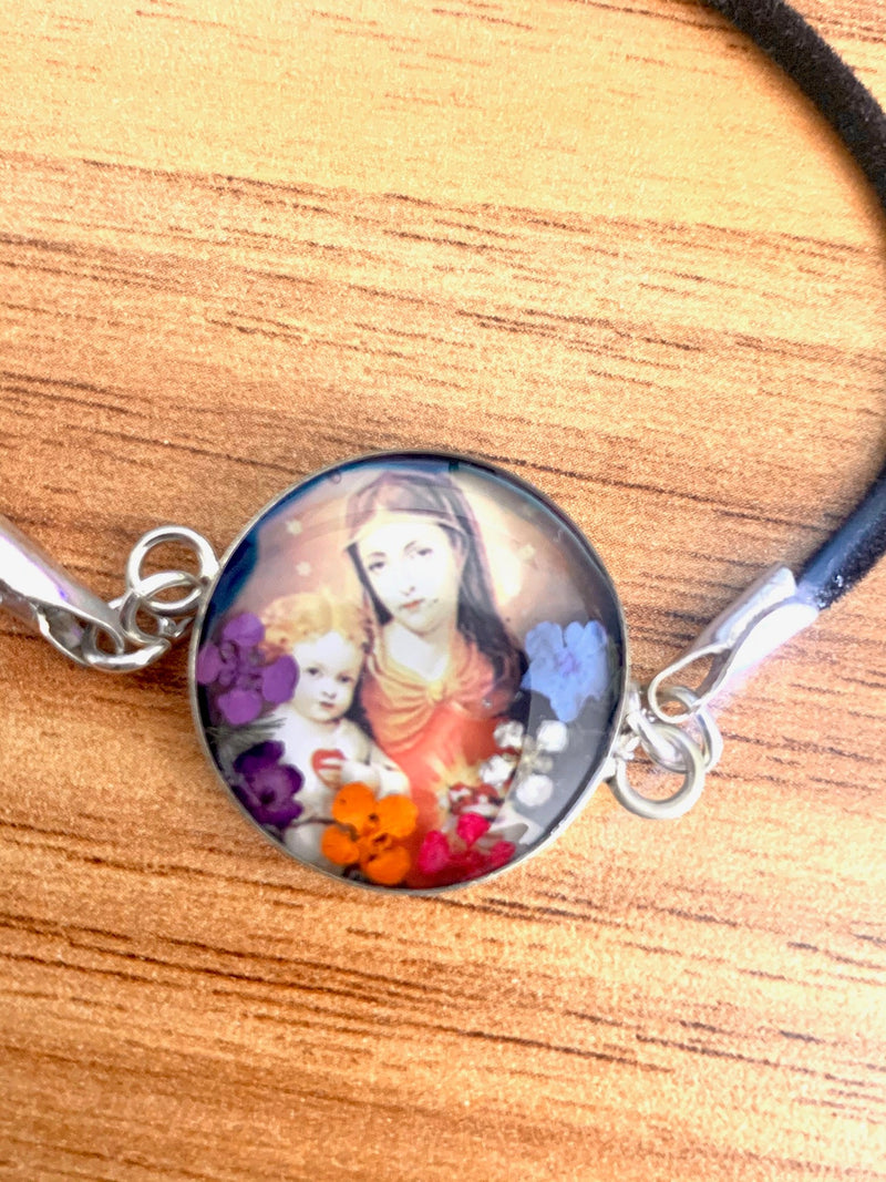 Virgin Mary Bracelet w/ Pressed Flowers - Guadalupe Gifts