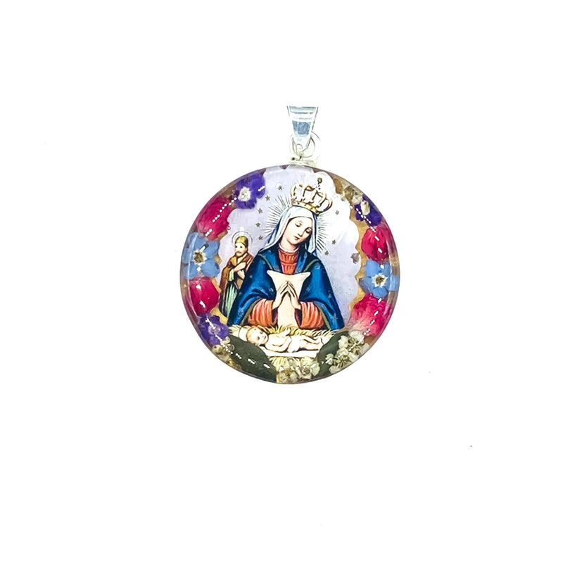 Virgin of Altagracia Medium Round Pendant w/ Pressed Flowers - Guadalupe Gifts