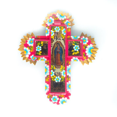 Virgin of Guadalupe Tin Wall Cross Pink - Guadalupe Gifts