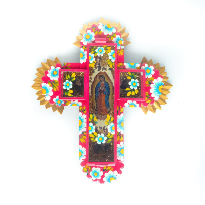 Virgin of Guadalupe Tin Wall Cross Pink - Guadalupe Gifts