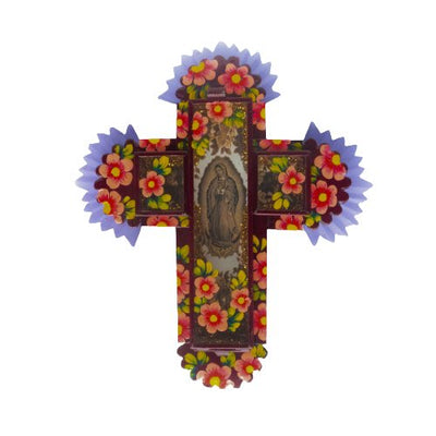 Virgin of Guadalupe Tin Wall Cross Red - Guadalupe Gifts