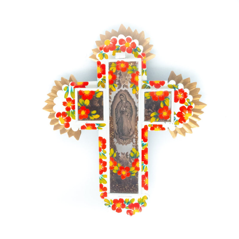 Virgin of Guadalupe Tin Wall Cross White - Guadalupe Gifts