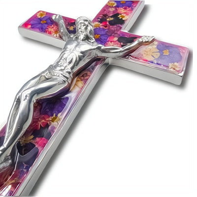 Wall Grand Crucifix w/ Pressed Flowers 10" - Guadalupe Gifts